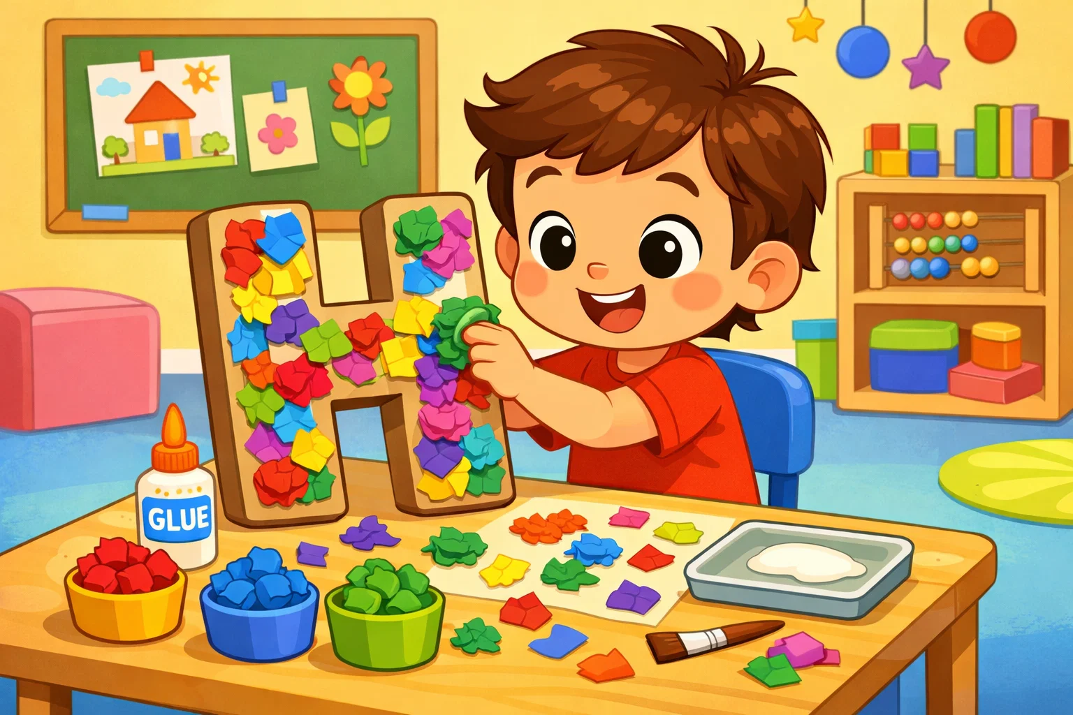 H tissue painting craft for preschoolers with colorful paper on a big letter H.