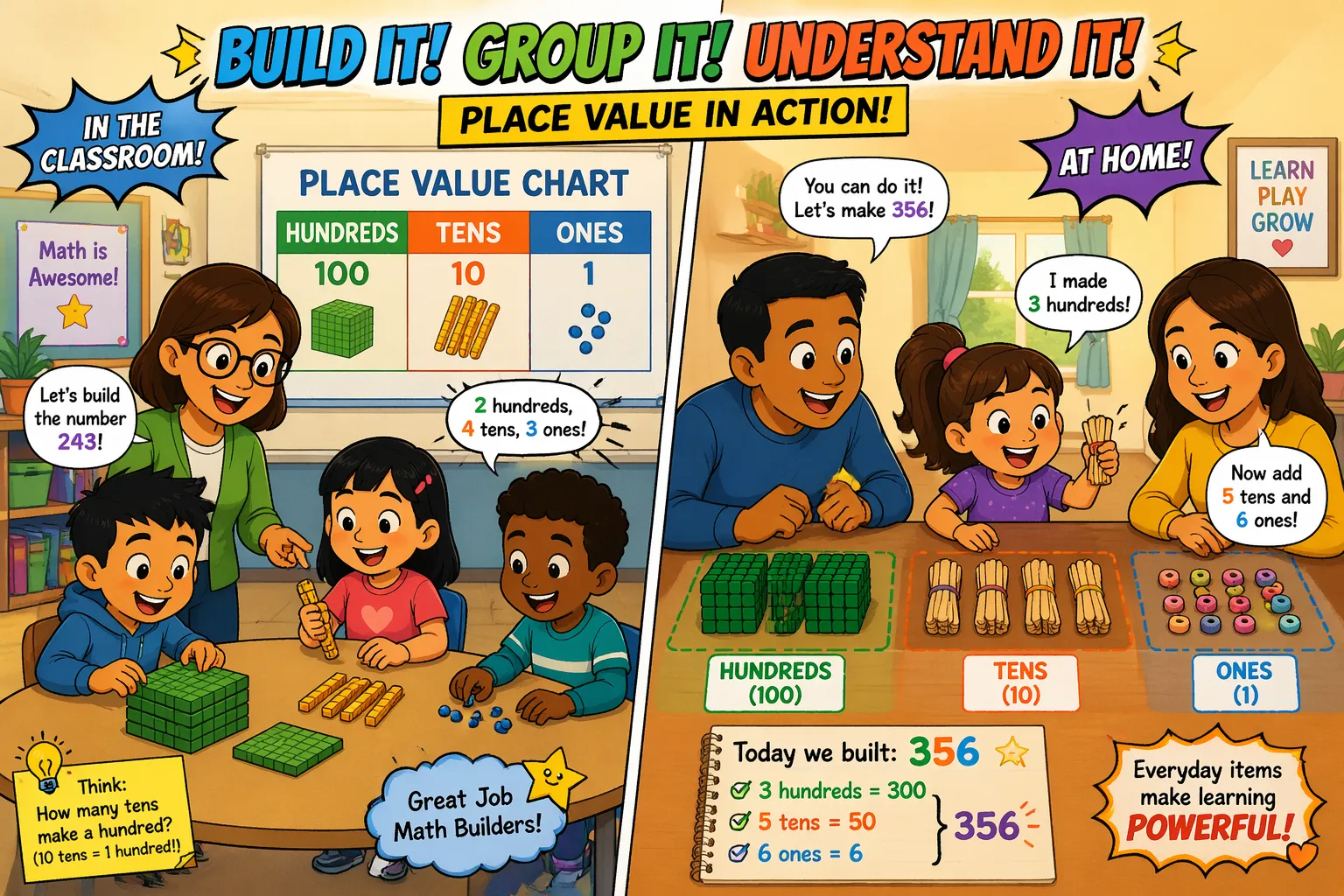 Hands on place value activities classroom home learning with kids using objects to group numbers. 