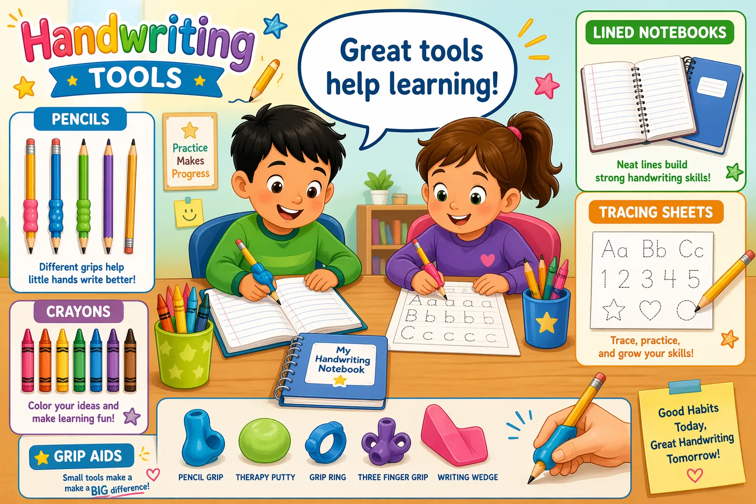 Handwriting tools materials kids using pencils notebooks and tracing sheets. 
