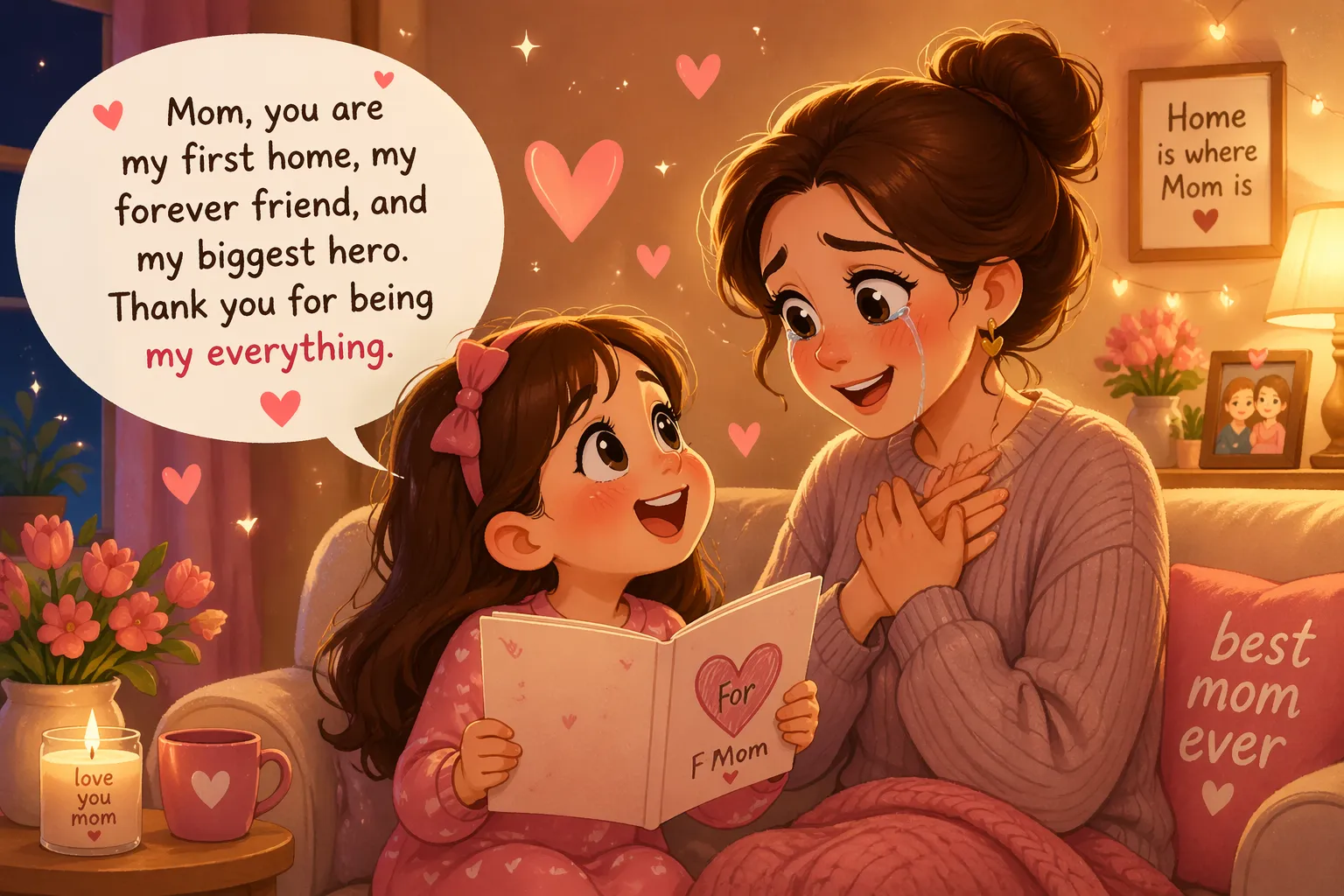 Heart touching mom quotes from kids emotional scene with child reading and mom feeling happy. 