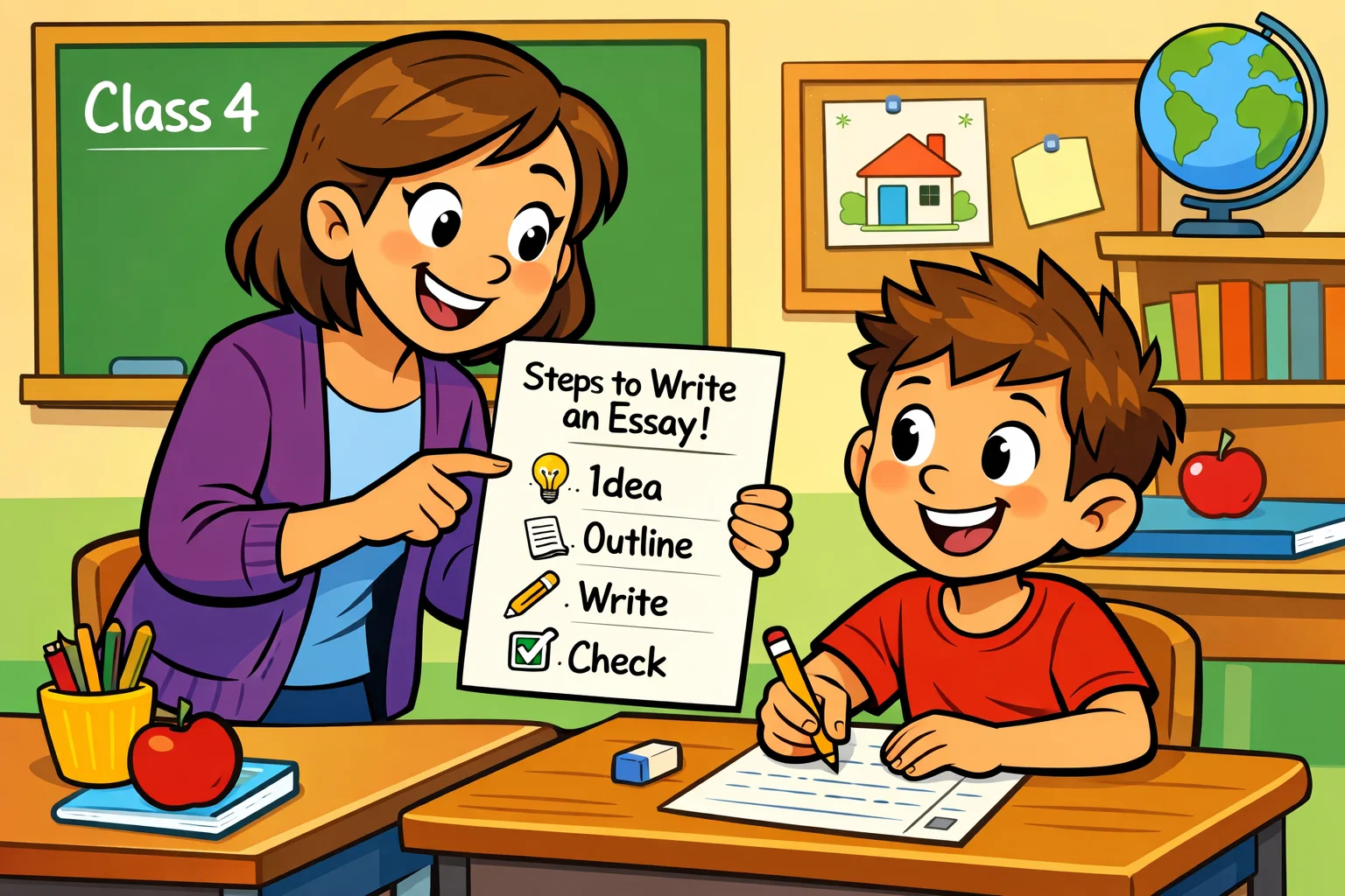 Help class 4 students write essays with teacher guiding child at desk.
