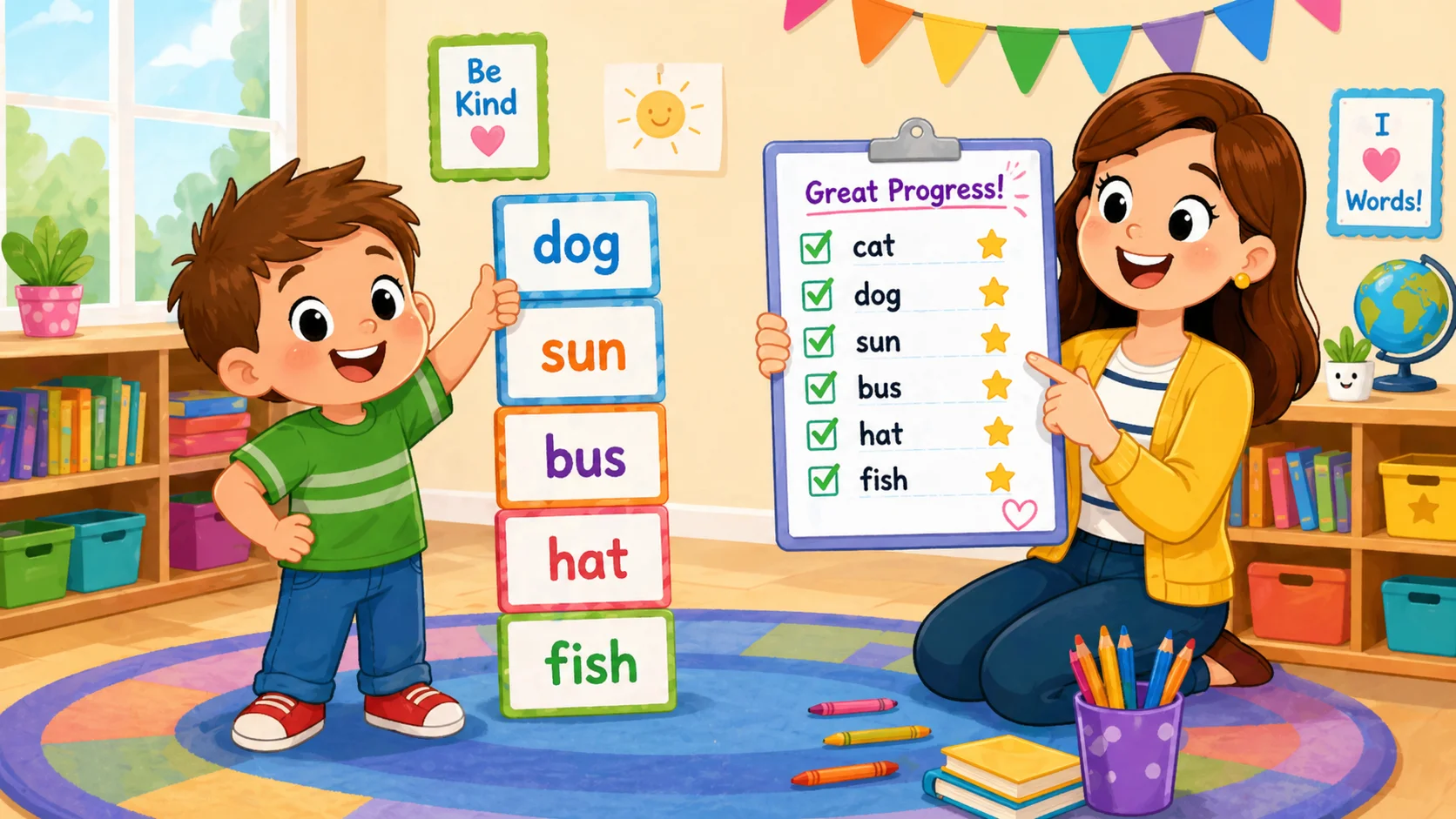 How many kindergarten words chart with child and colorful word cards.