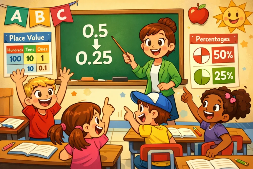 How to teach decimals to children in a classroom with teacher and students.