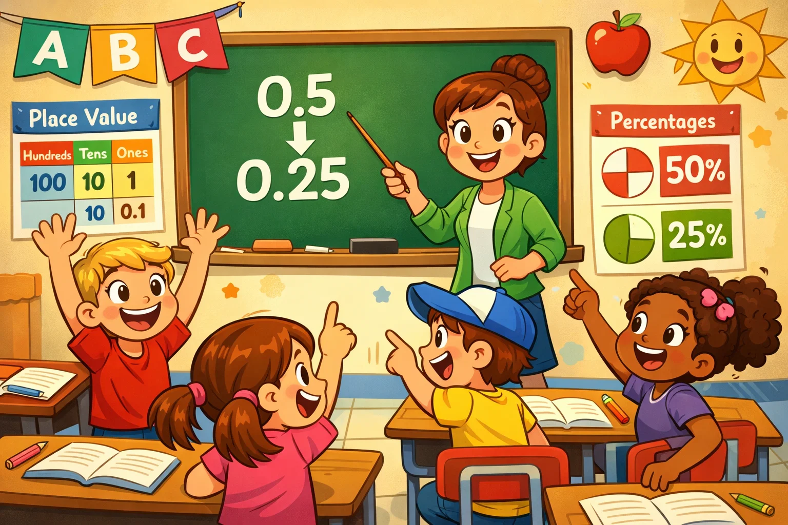How to teach decimals to children in a classroom with teacher and students.