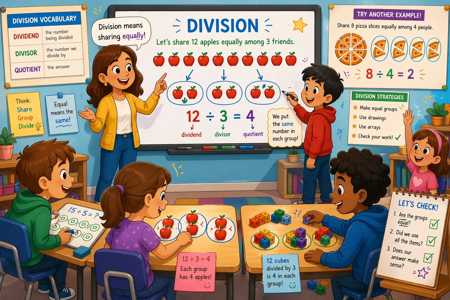 How to teach division kids easy steps activities classroom with teacher using visuals and hands-on learning.