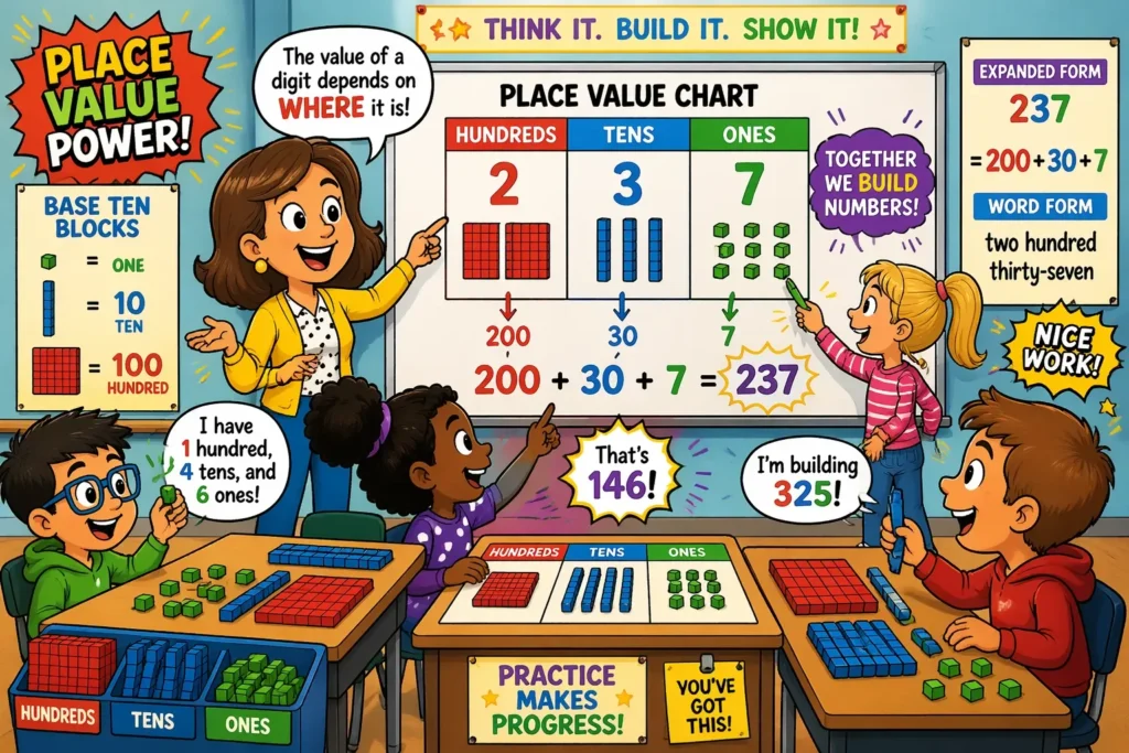How to teach place value kids hands on classroom strategies with blocks charts and number building.
