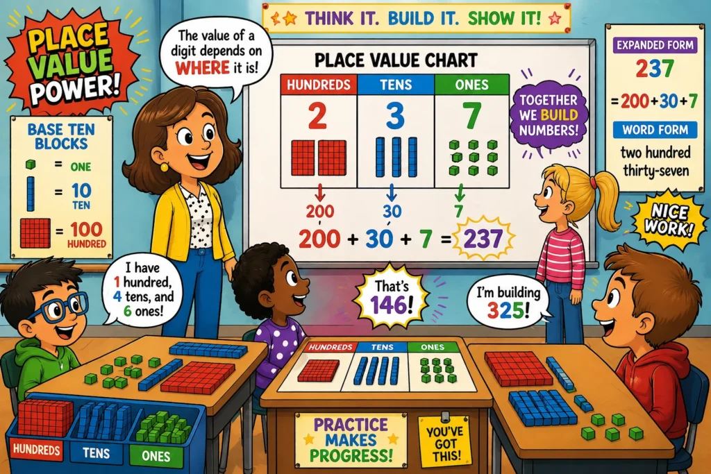 How to teach place value kids hands on classroom strategies with blocks charts and number building.