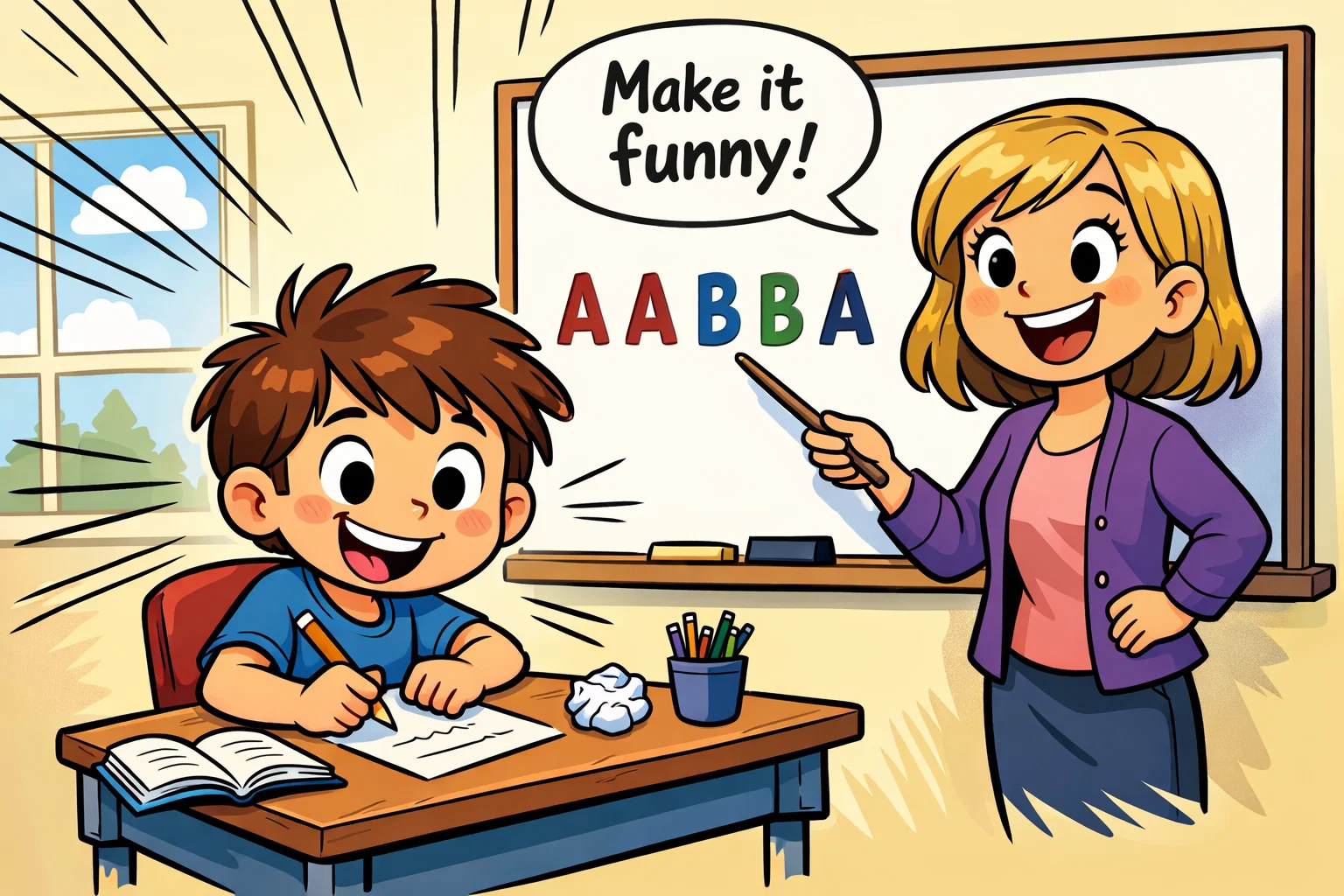 How to write fun limericks for kids with AABBA rhyme on a classroom board.

