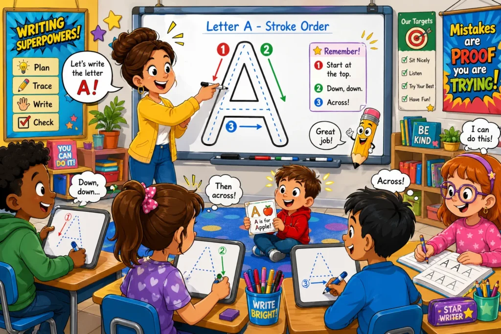 How to write letters step by step letter formation kids with teacher guiding strokes and practice.