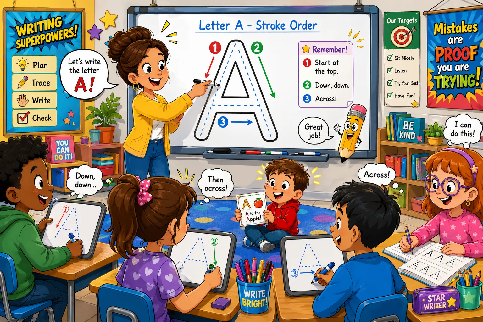 How to write letters step by step letter formation kids with teacher guiding strokes and practice.