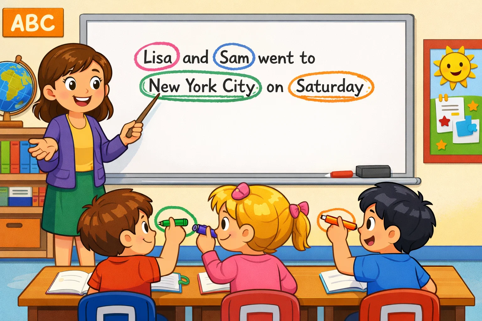  Identify common proper nouns sentences activity with students marking words.
