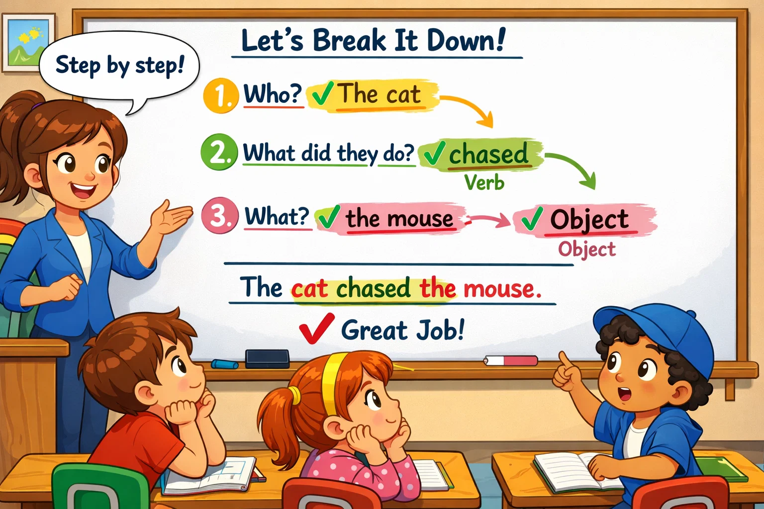 Identifying sentence parts step by step with arrows and labeled words. 