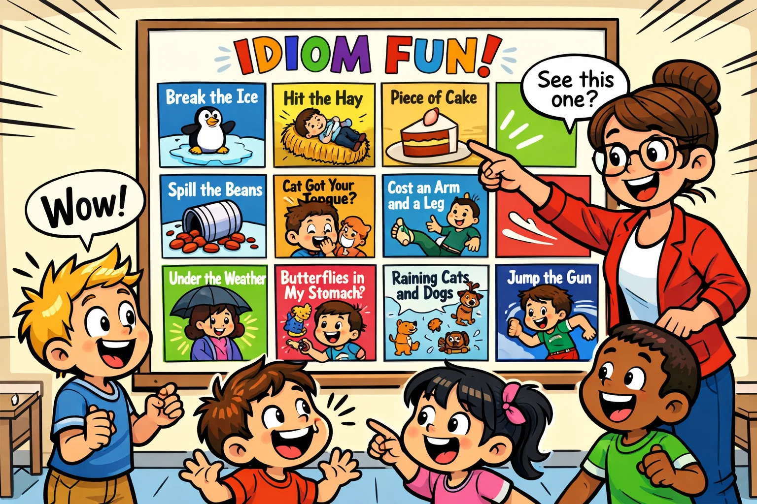 Idioms for kids main guide with meanings, pictures, and teaching tips in class.
