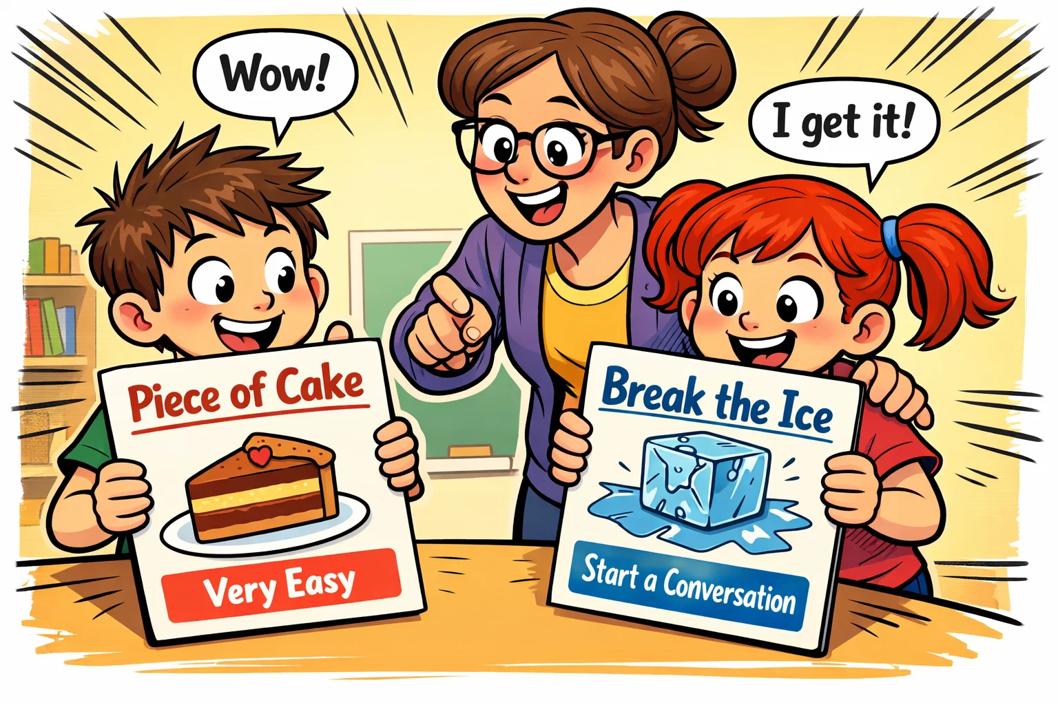 Idioms for kids with meanings on simple flashcards in classroom.
