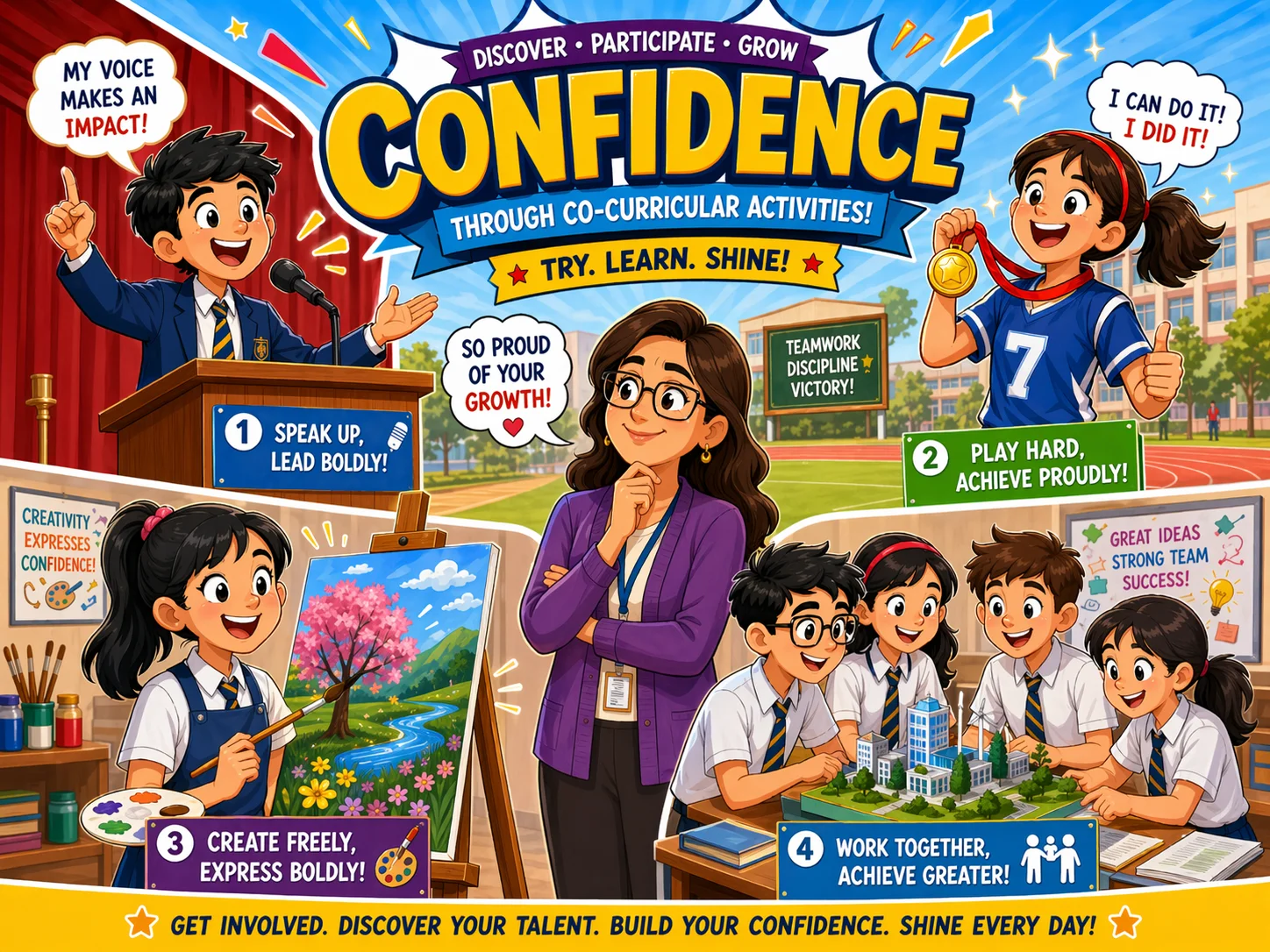 Importance of co curricular activities for students shown through teamwork and confidence.