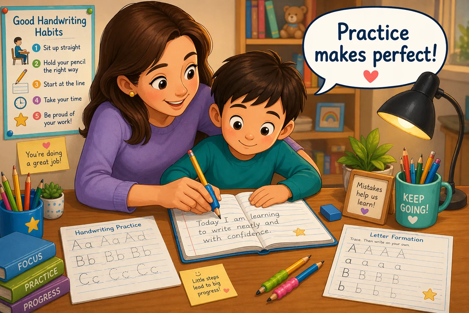 Improve handwriting kids strategies parents guiding child writing practice.