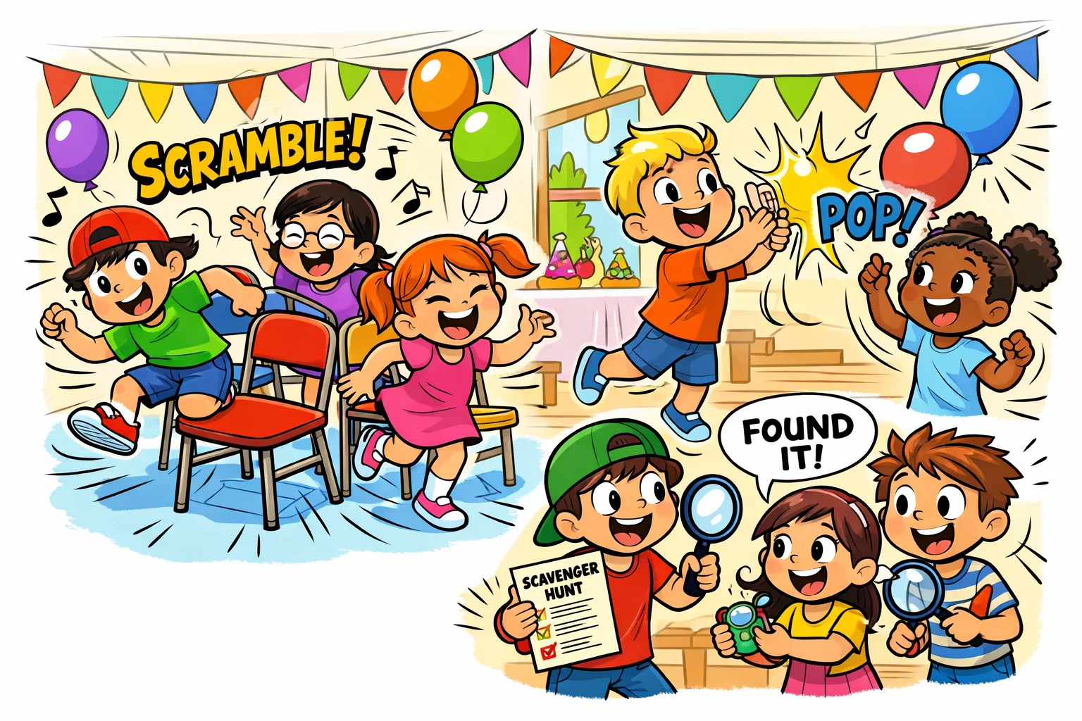 Indoor party games for kids with fun group activities at home.
