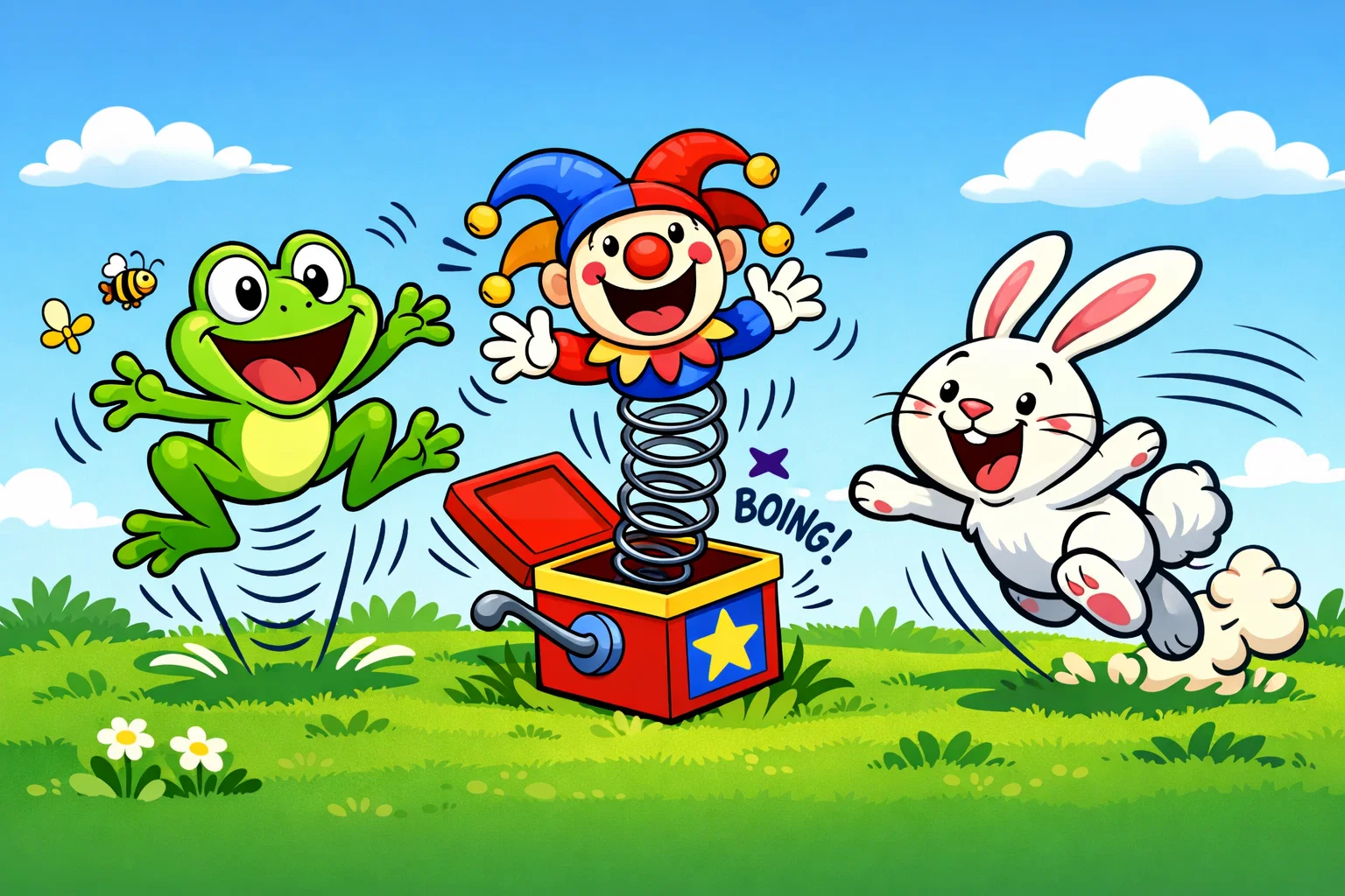 Jokes about things that spring with jumping frog, rabbit, and toy in grass.
