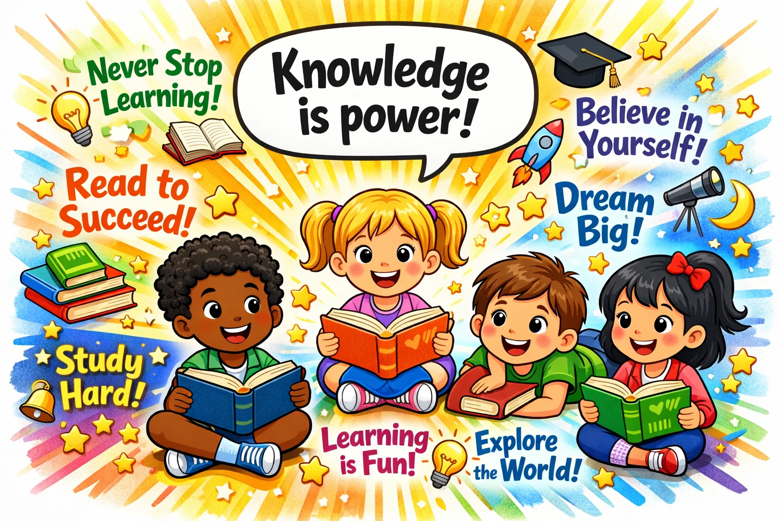 Joyful slogans book lovers with readers enjoying books and smiling. 