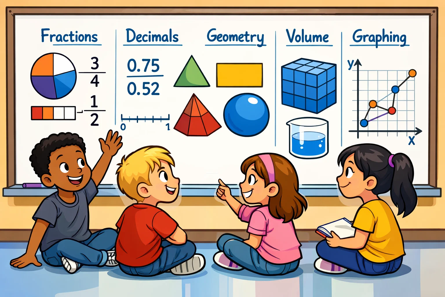 Key math concepts and skills for fifth graders shown on a classroom math board.