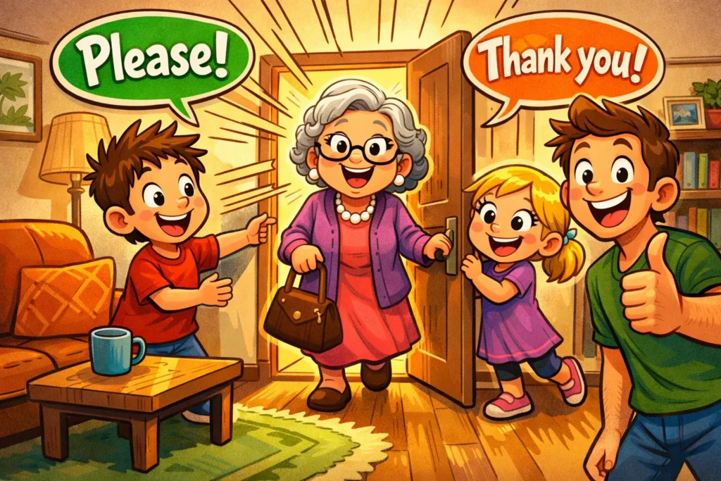 Kids holding the door for grandma show good manners at home.