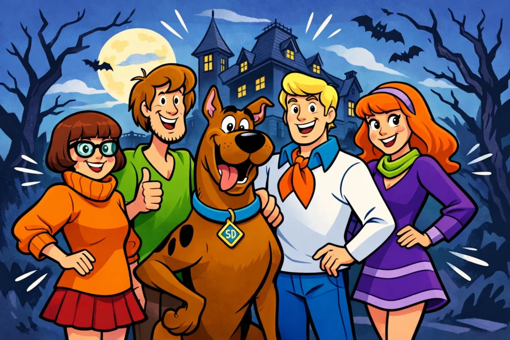 Scooby-Doo Characters near a spooky house in a playful cartoon scene.