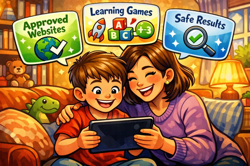 Parent and child browsing tablet together with safe results and learning websites icons