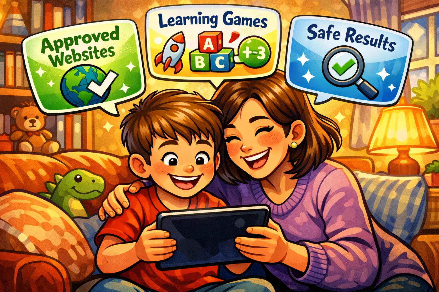 Parent and child browsing tablet together with safe results and learning websites icons
