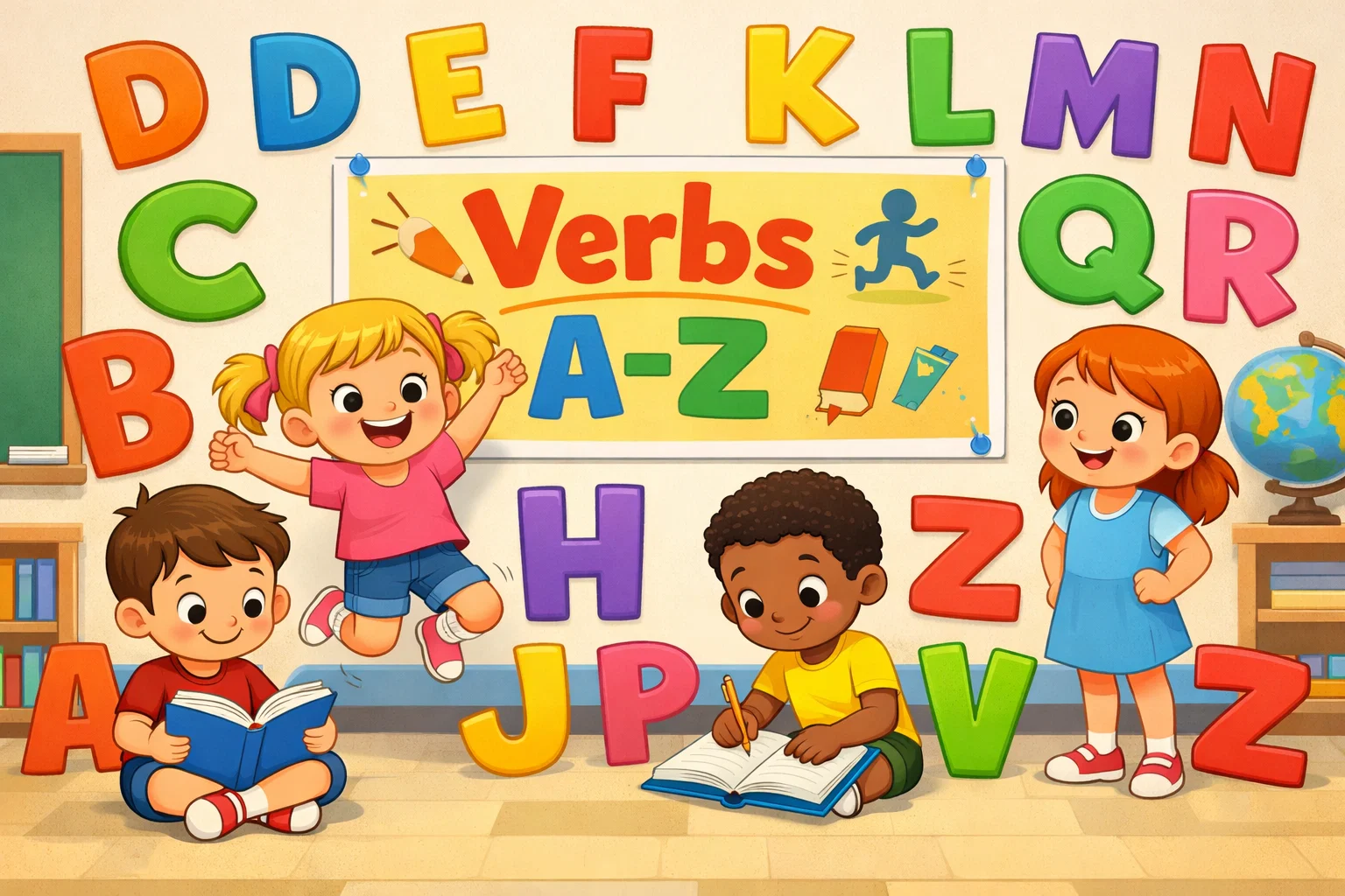Kids verbs A to Z learning scene with children reading, jumping, and writing.