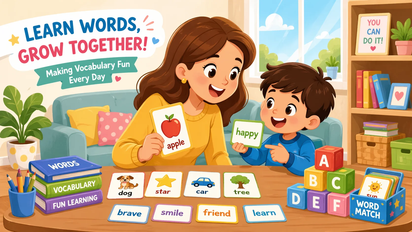 Kids vocabulary games at home with flashcards, blocks, and word cards.