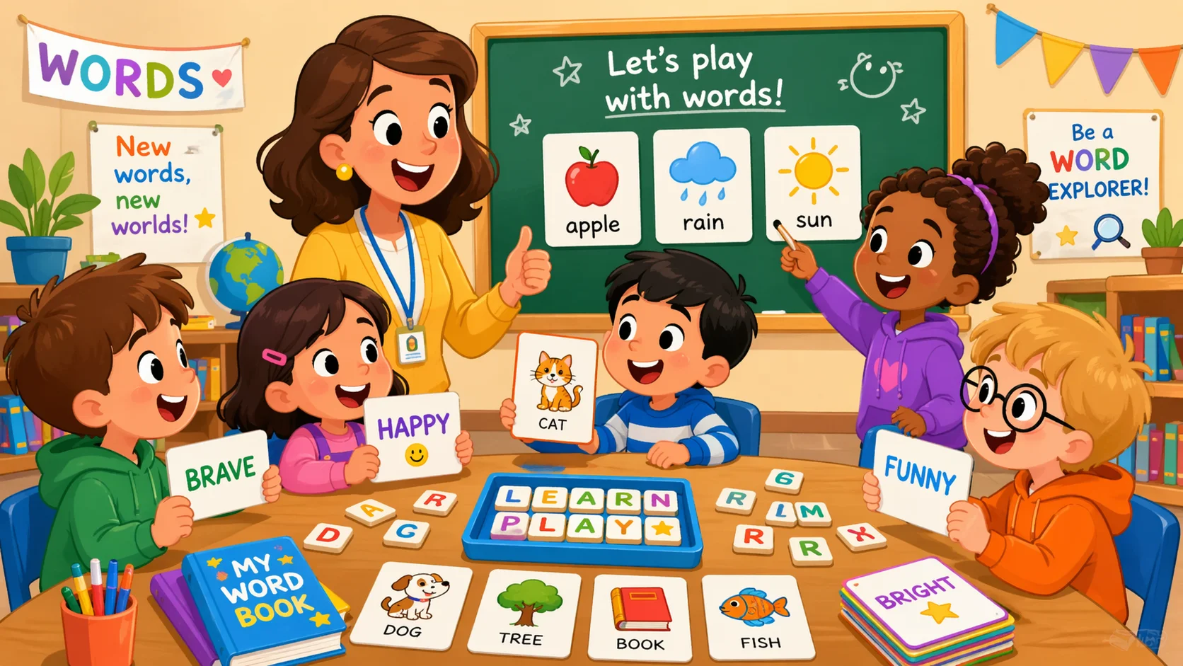 Kids vocabulary games in classroom with teacher, word cards, and group play.