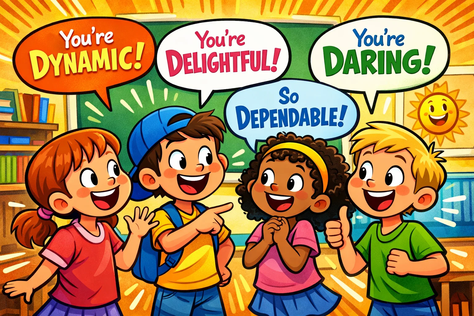 Kind words that start with D with kids sharing friendly speech bubbles.