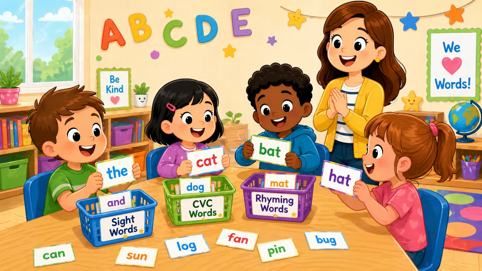 Kindergarten word patterns and types sorted with sight words and CVC cards.