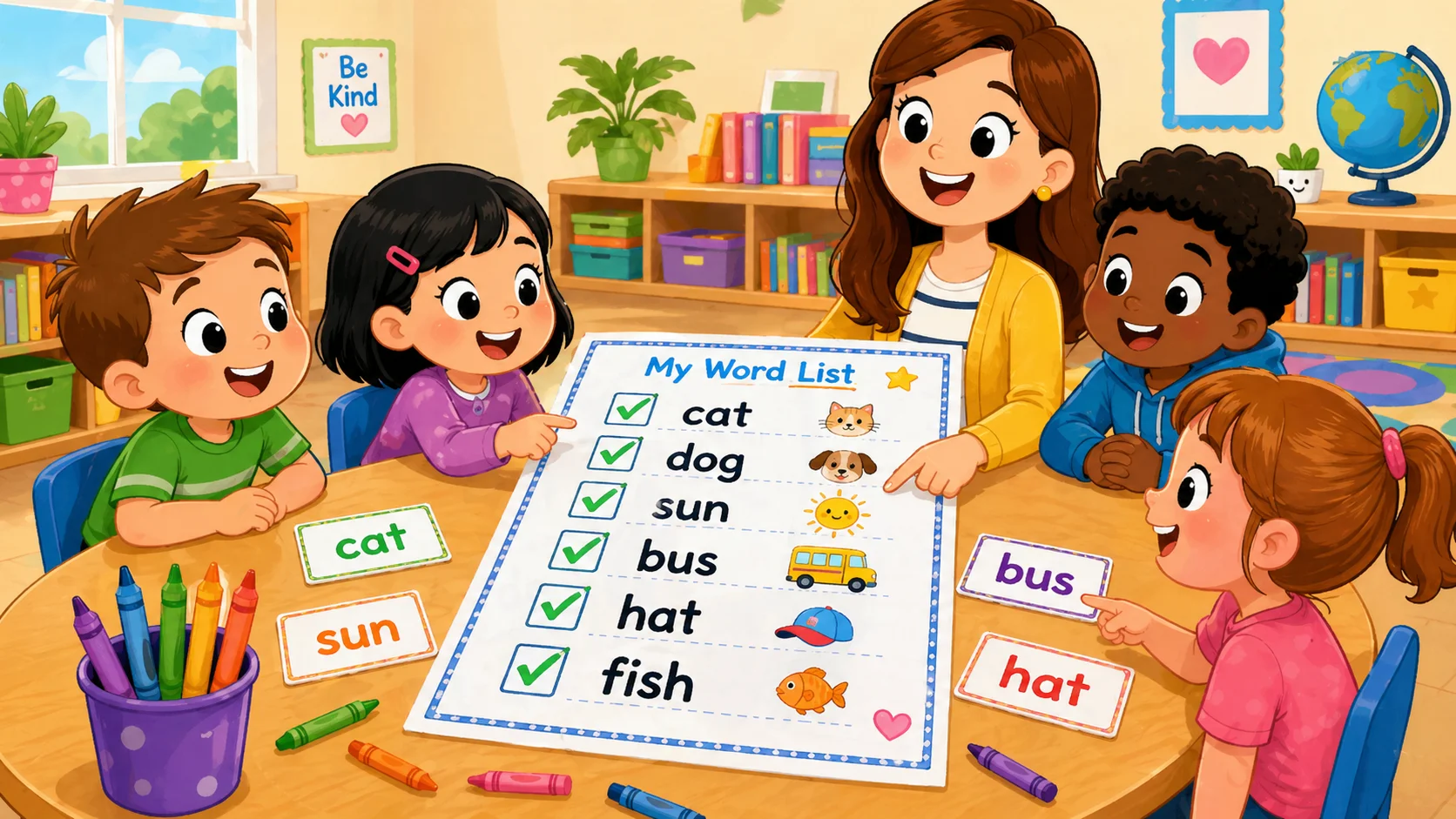 Kindergarten words printable list with flashcards and colorful classroom supplies.