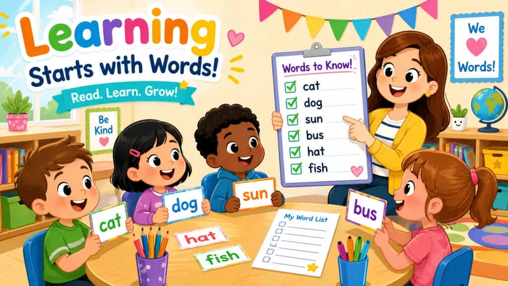 Kindergarten words to know list with word cards and printable practice sheet.