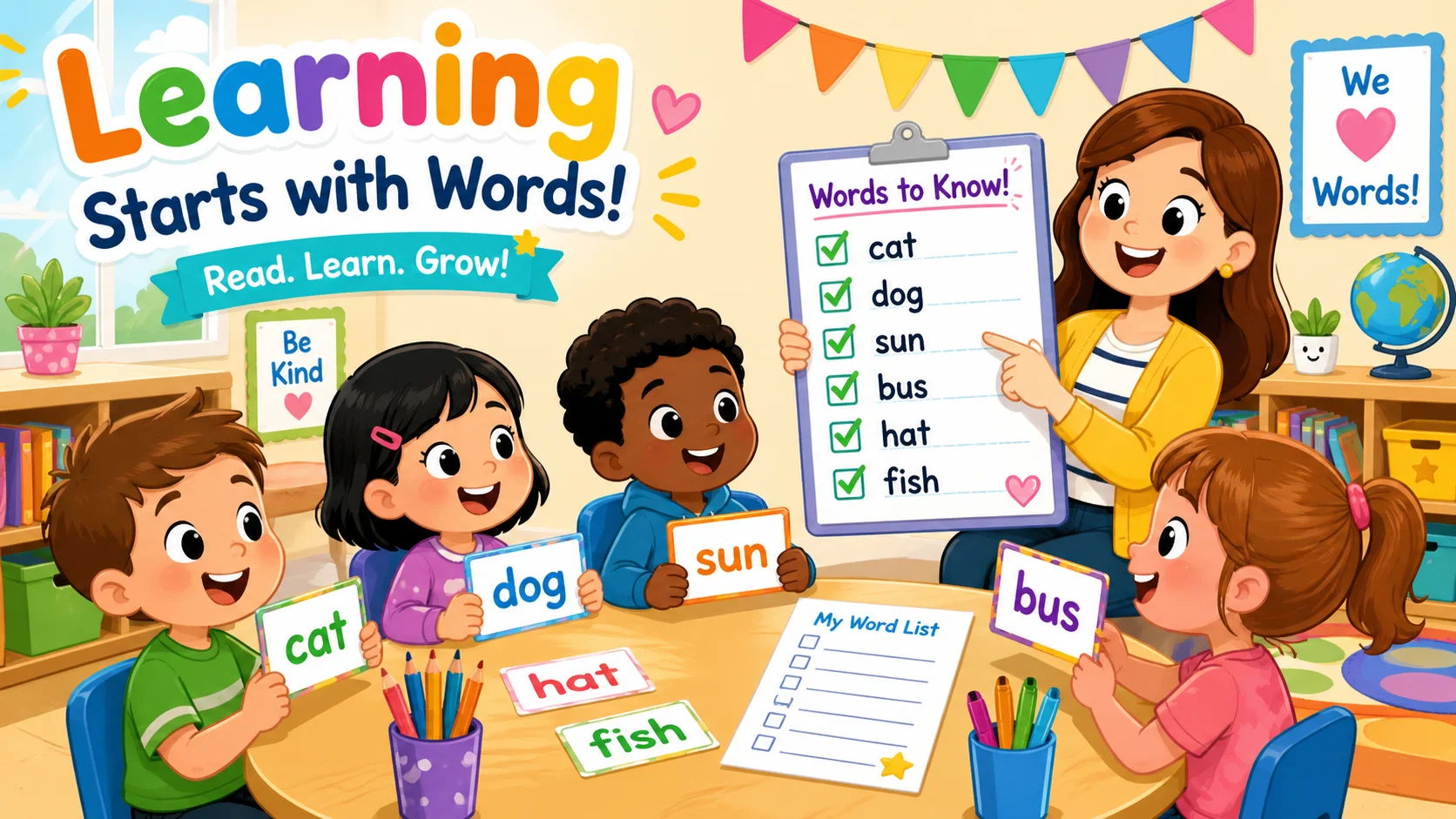 Kindergarten words to know list with word cards and printable practice sheet.