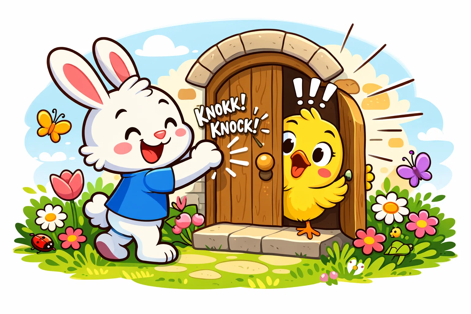 Knock knock spring jokes for kids with bunny at door and surprised chick.
