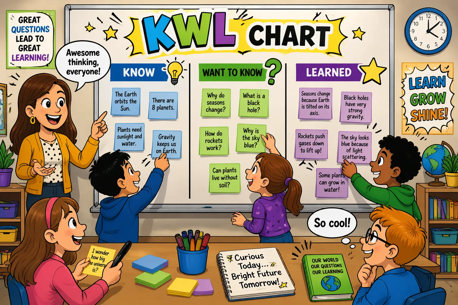A KWL chart helps students organize what they know, want to learn, and have learned at the start of a lesson. 