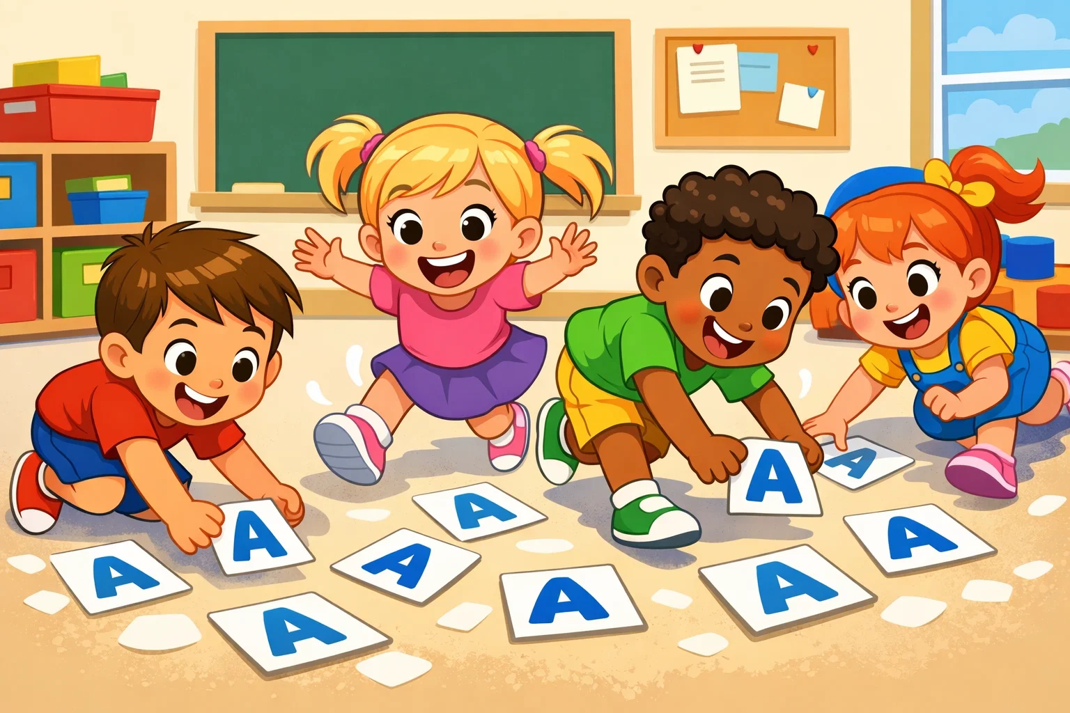  Letter A race game with kids collecting letter cards in class.
