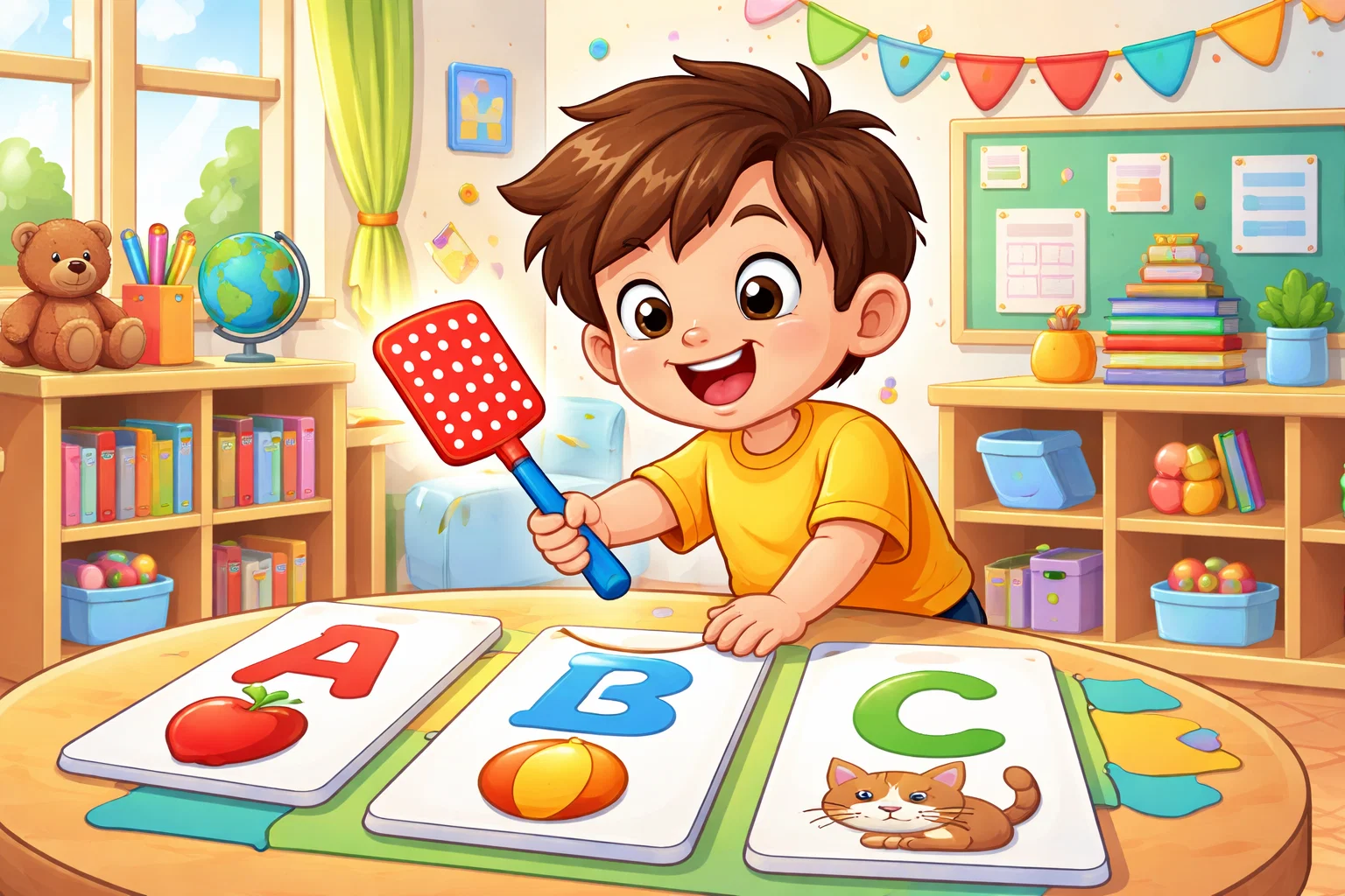  Letter A slap game with child tapping correct A card.
