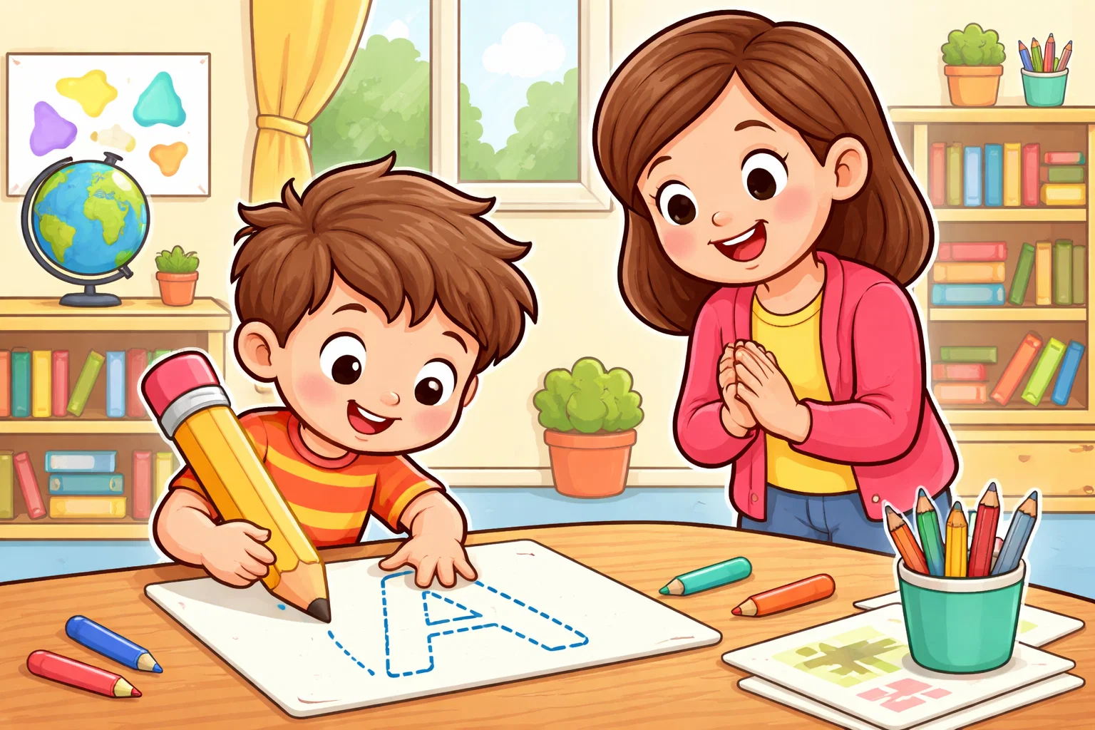 Letter A tracing activity with child practicing uppercase A on paper.