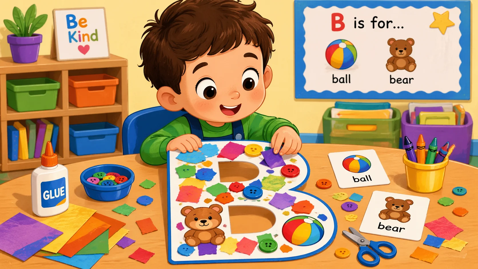 Letter B collage activity for preschool child making a colorful craft.