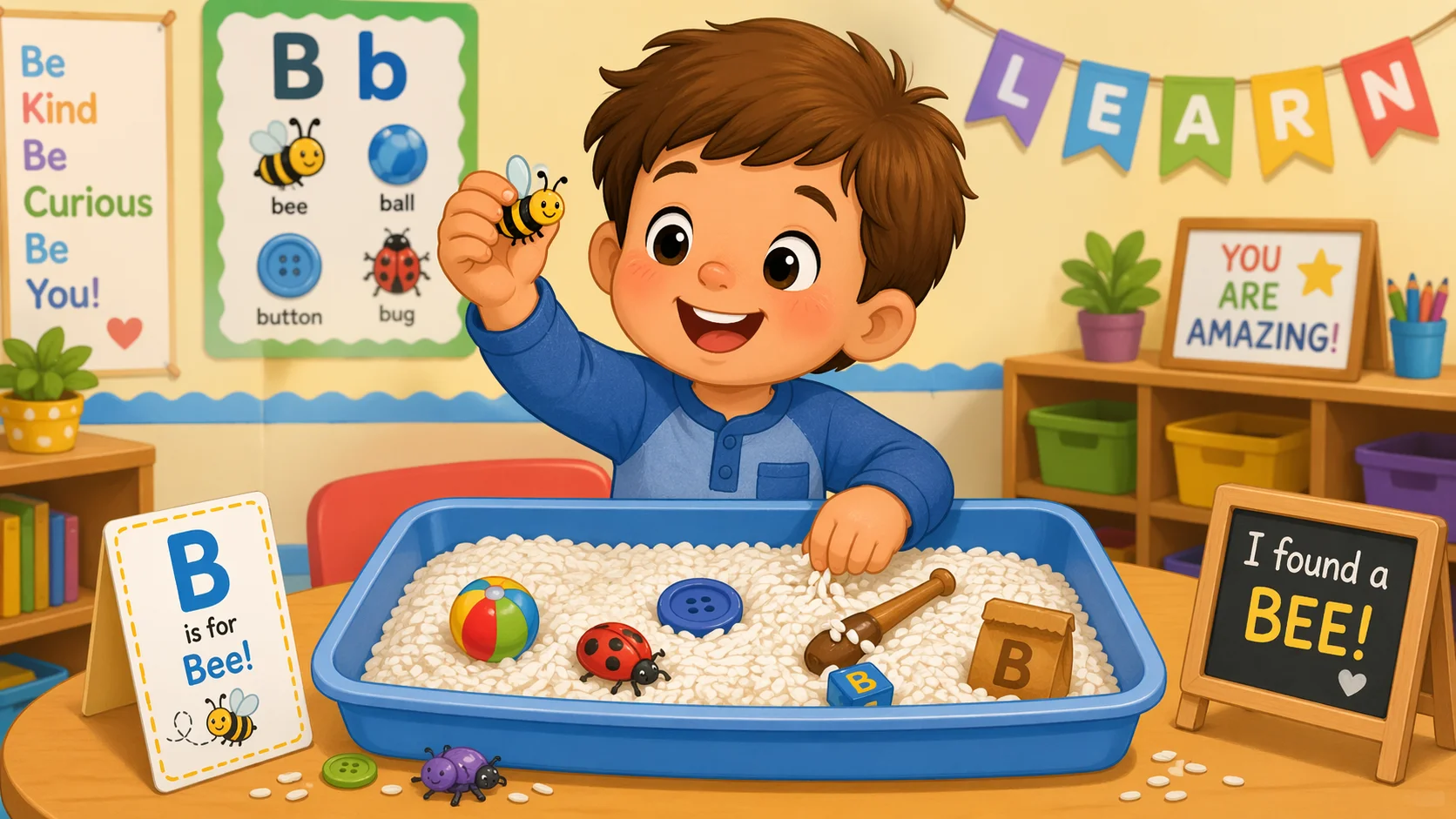 Letter B sensory bin activity with preschool child finding themed objects.
