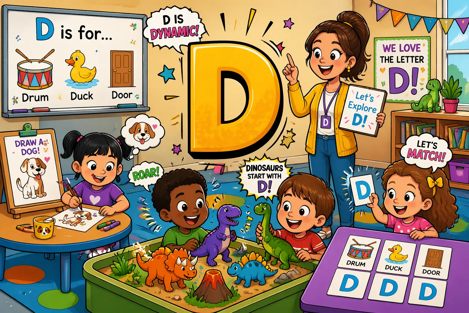 Letter D activity ideas kids preschool classroom with crafts games and learning stations featuring D objects.