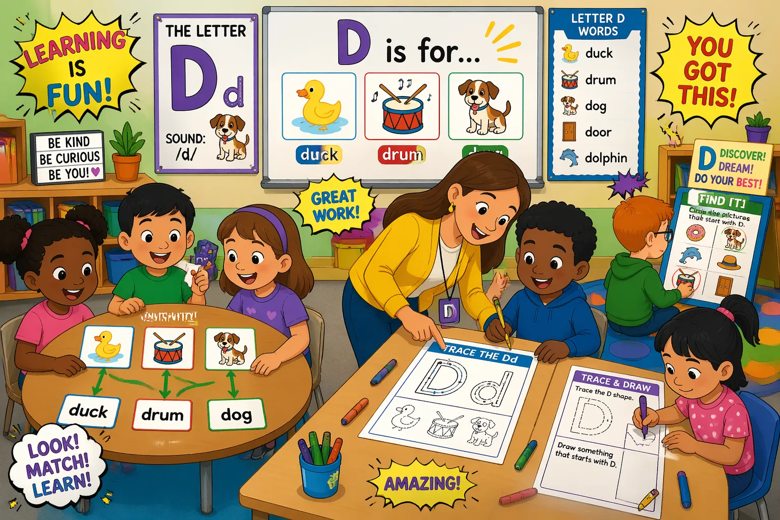 Letter D learning games worksheets kids activities classroom with matching tracing and interactive learning.