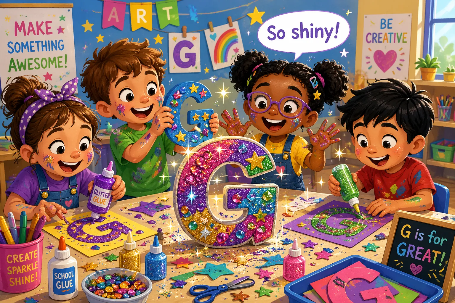 Letter G crafts art projects glitter glue with kids making shiny creations. 