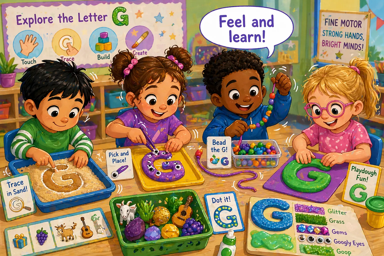 Letter G sensory fine motor activities with kids exploring textures and skills. 
