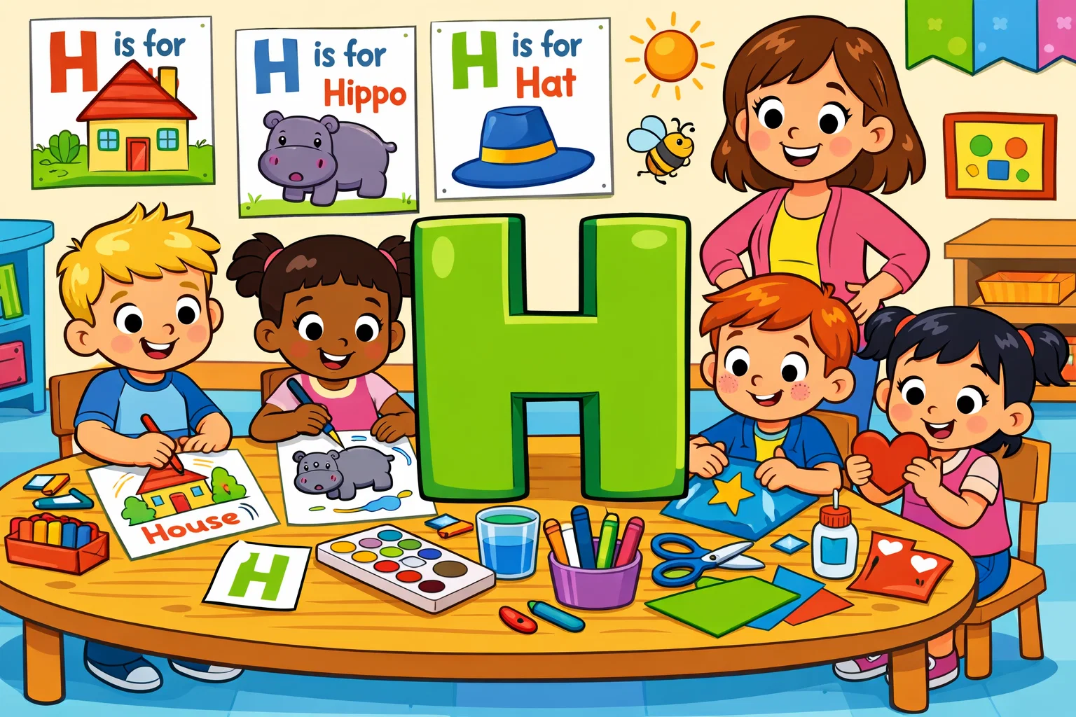 Letter H activities for preschoolers with coloring and crafts in a classroom.