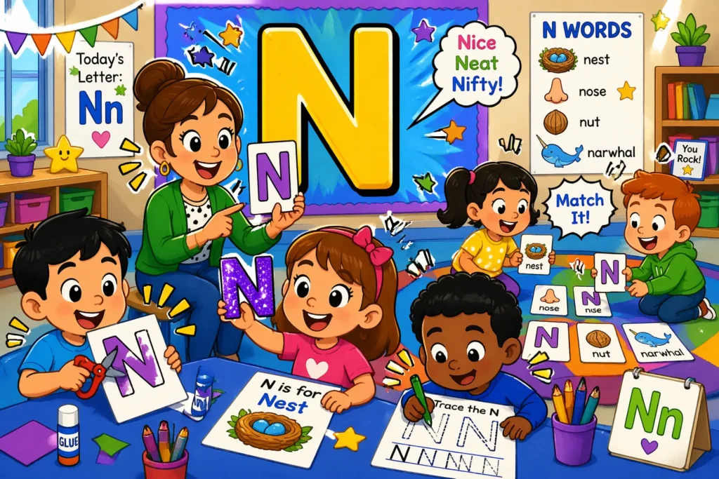 Letter N activity kindergarten crafts games worksheets with kids learning through fun and hands-on tasks.