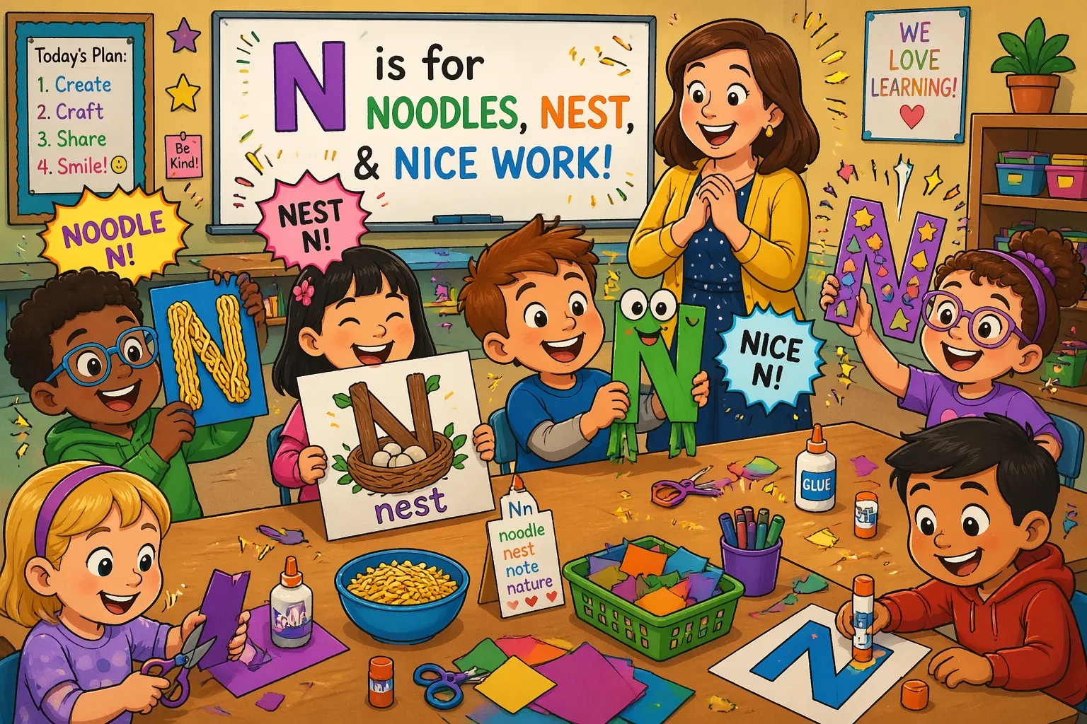 Letter N crafts kindergarten creative activities with kids making art projects using paper and materials. 